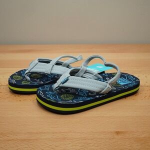 Reef Flip Flops Boys 11 Little Ahi Dinosaur Sandals Navy Gray NEW